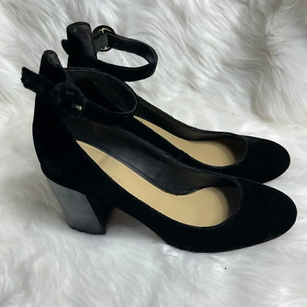 Marc Fisher Black velvet ankle strap patent synthetic leather block heel…